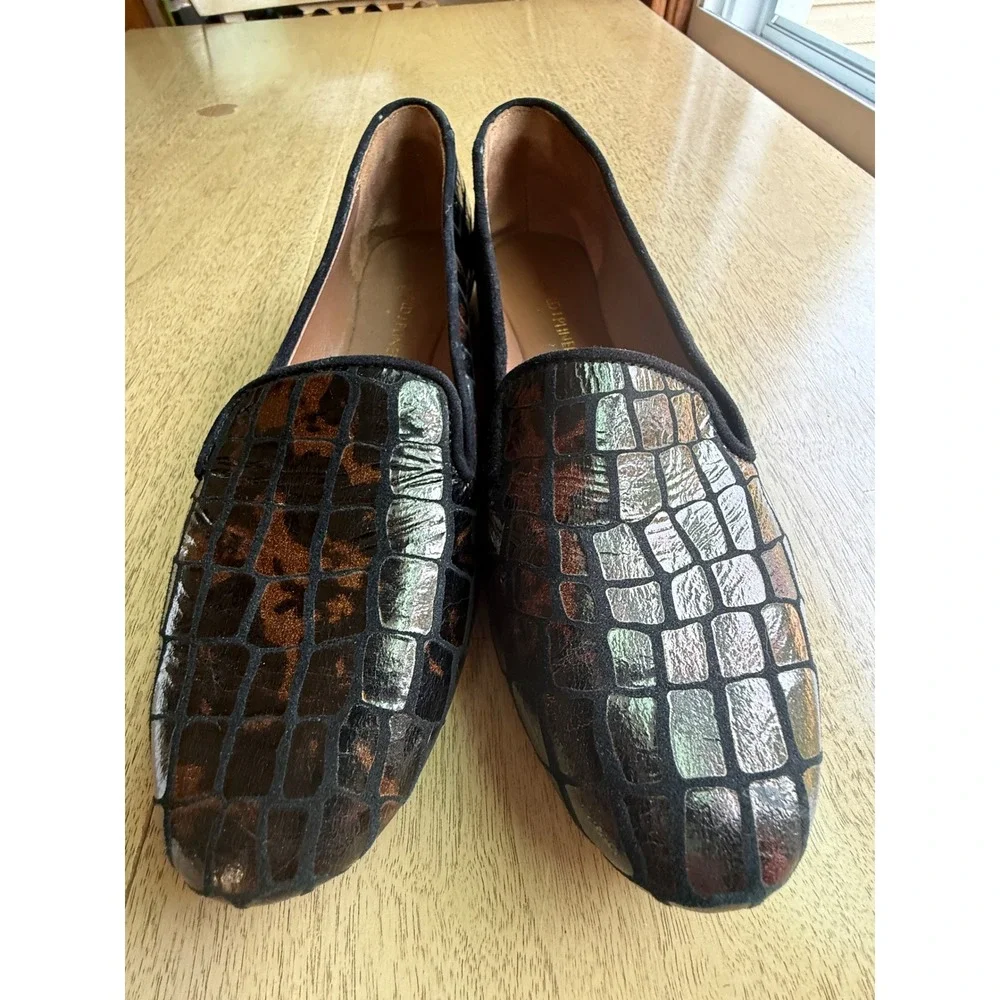 Donald J Pliner Dendas Metallic Bronze Croc Embossed Leather Flats Loafers 6M